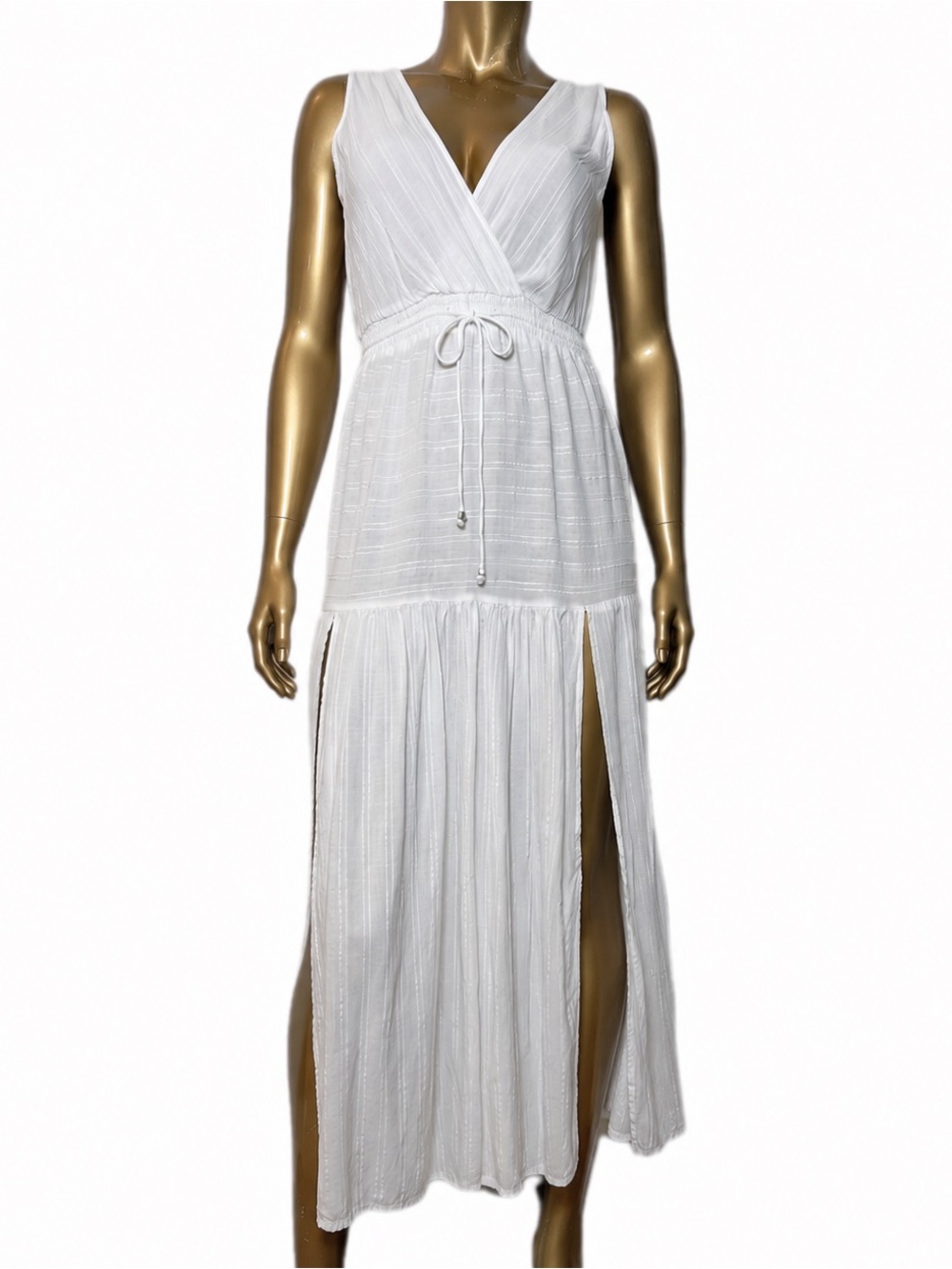 Blue Island rayon/cotton White Textured Sleeveless Midi Dress Front Slits XS
